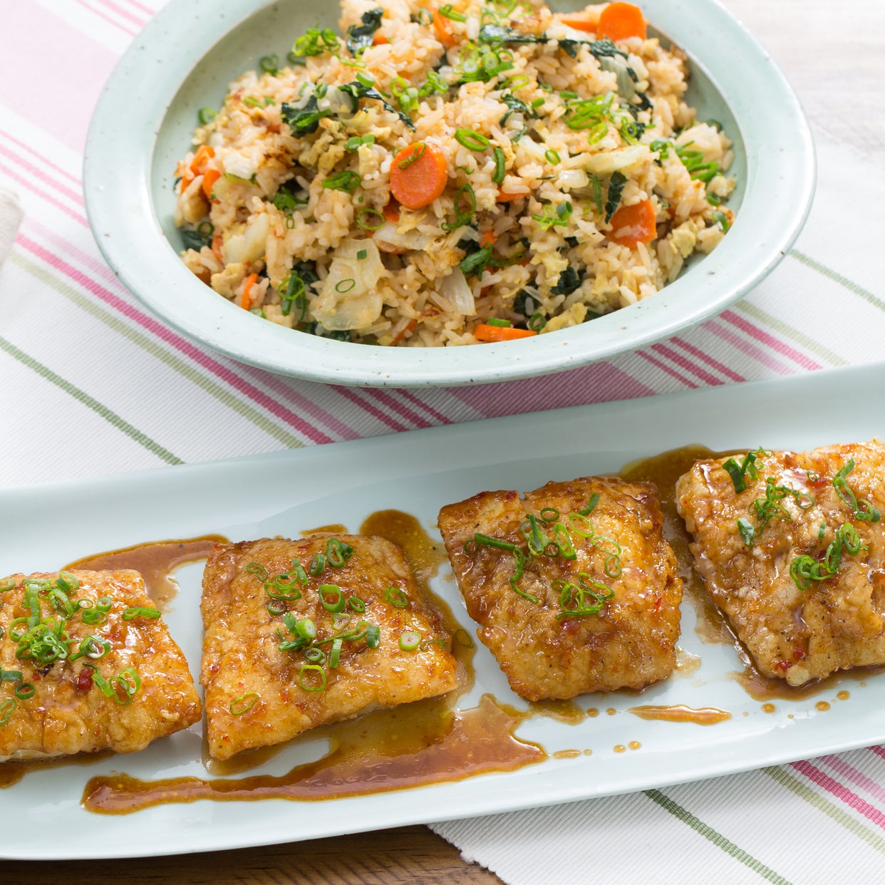 Recipe Sweet & Sour Cod with Tatsoi, Carrot & Ginger Fried Rice Blue