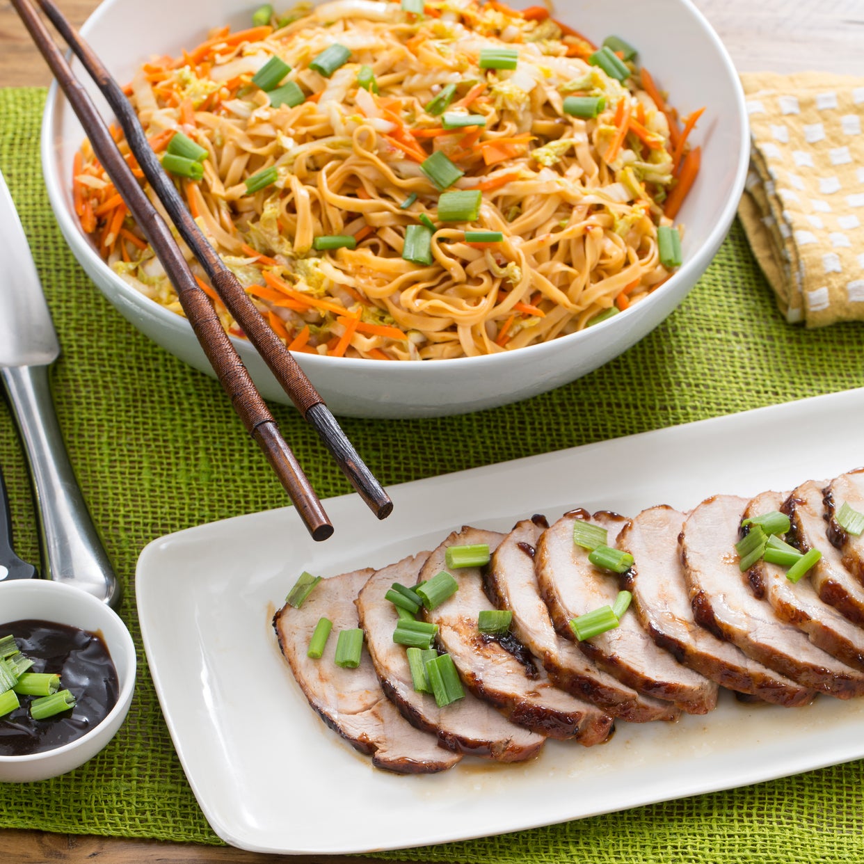 Recipe HoisinGlazed Roast Pork with StirFried Peanut Noodles Blue
