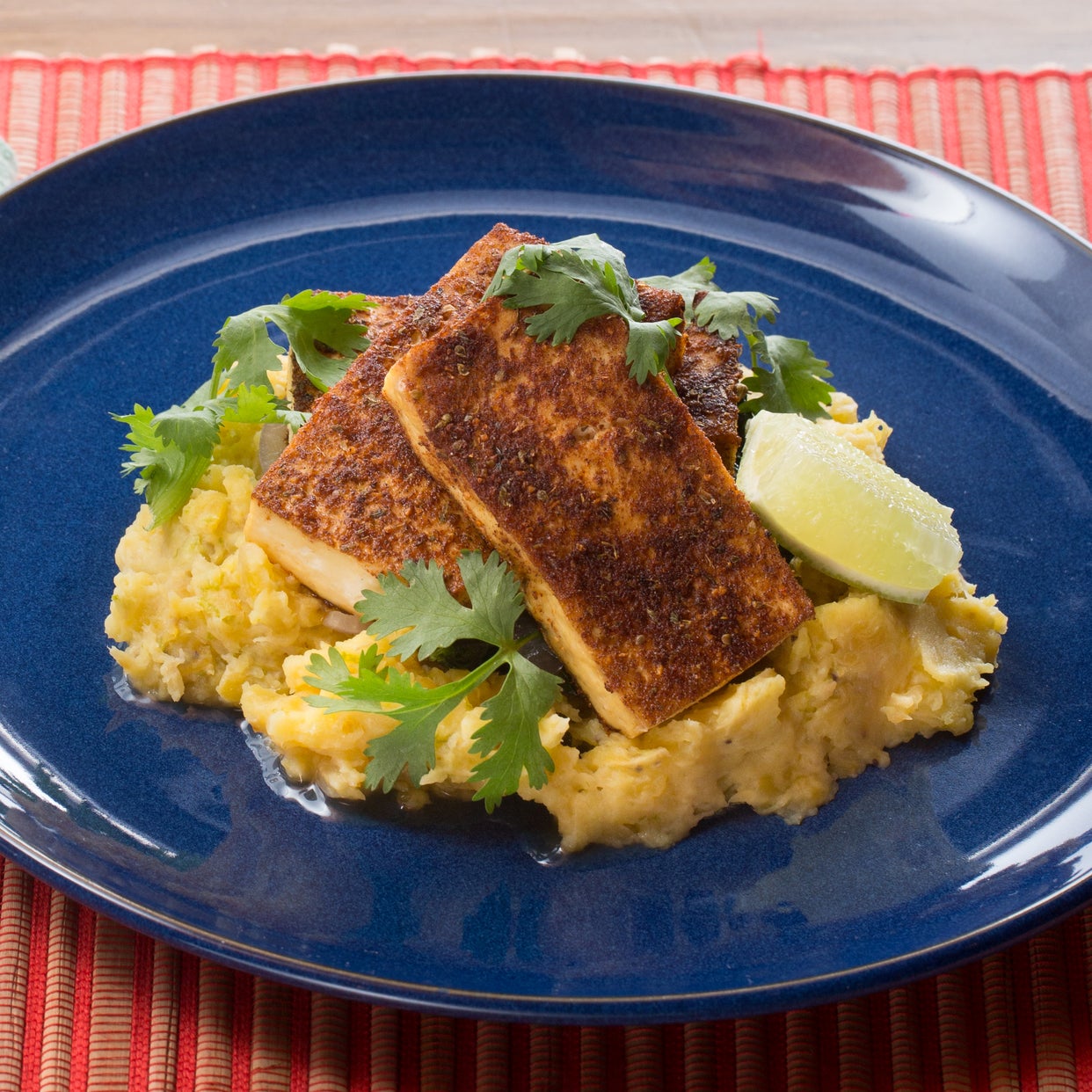 Recipe Baked Jerk Tofu & Smashed Plantains with GarlicGinger Collard