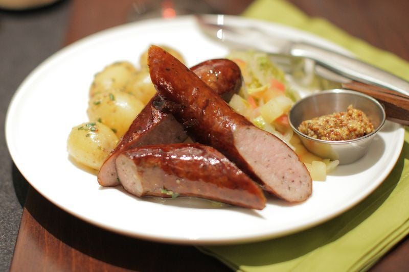 Recipe Seared Kielbasa with Mustard Potatoes & Braised Cabbage Blue