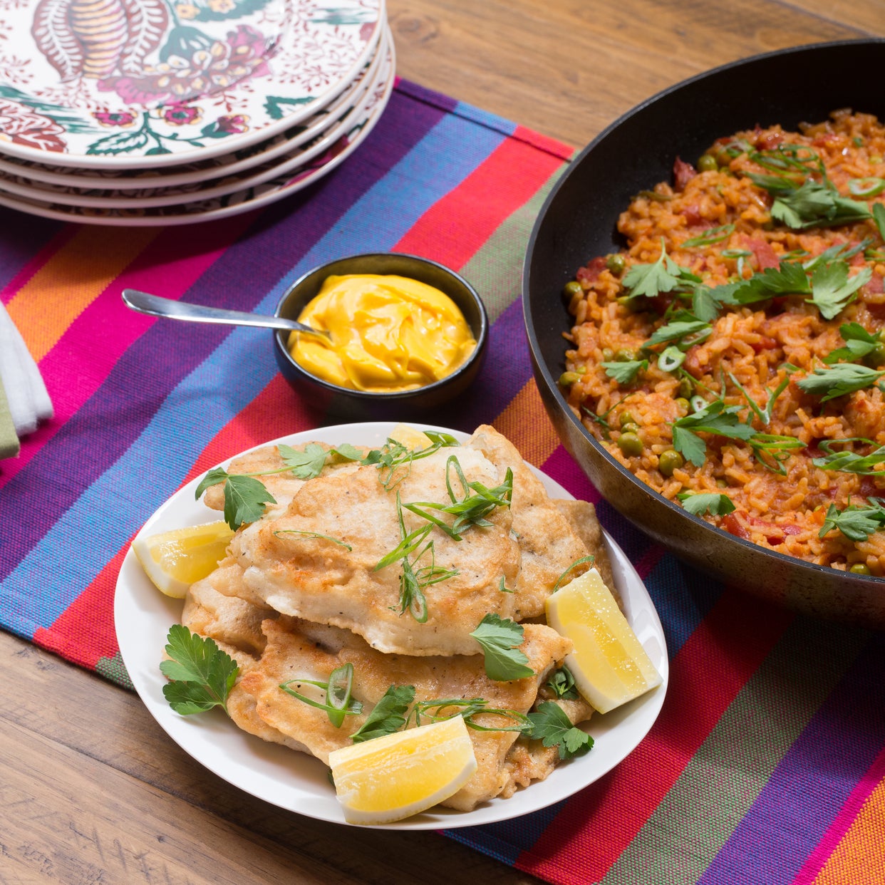 Recipe Crispy Catfish & PaellaStyle Rice with English Peas & Saffron Aioli Blue Apron