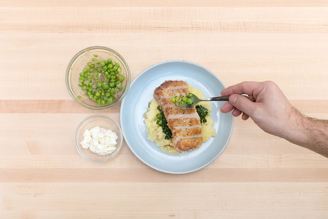 Recipe Spiced Pork Chops & Mashed Potatoes with Kale, English Peas