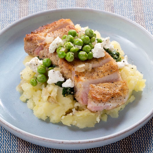 Recipe Spiced Pork Chops & Mashed Potatoes with Kale, English Peas