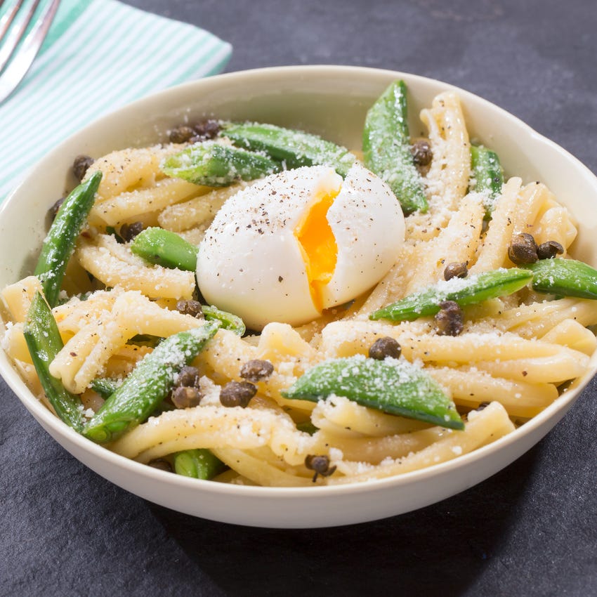 Recipe Spring Gemelli Pasta with Garlic Sugar Snap Peas, Crispy Capers