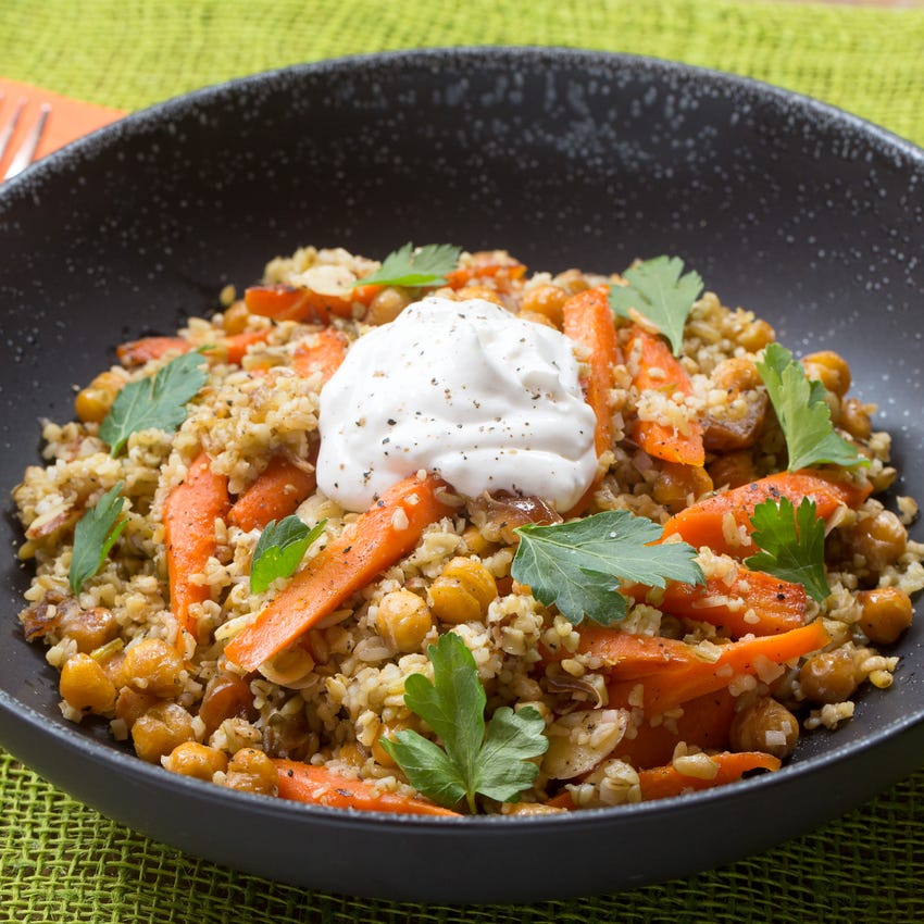 Recipe Roasted Chickpea & Freekeh Salad with HarissaGlazed Carrots