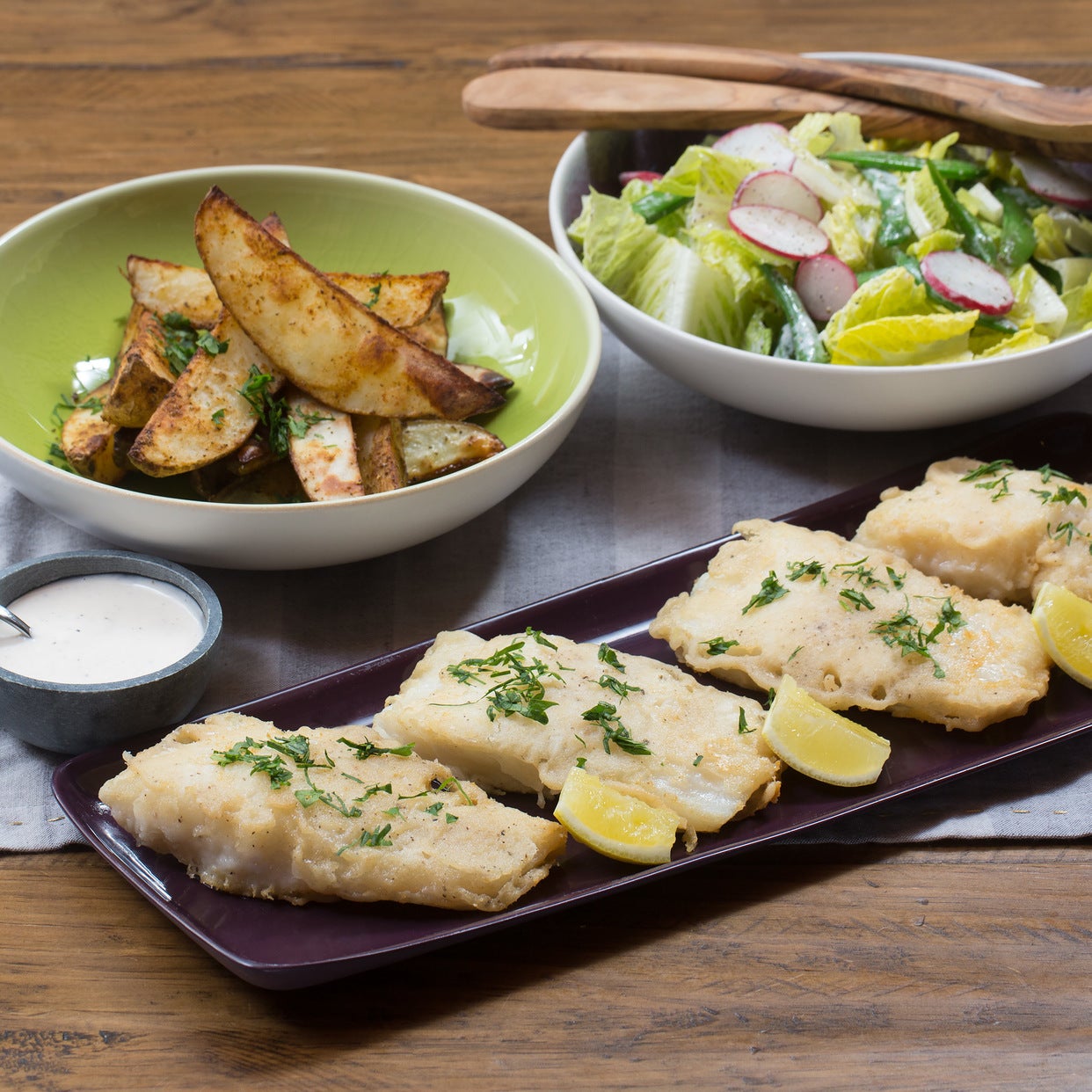 Recipe Fish & Chips with Radish, Sugar Snap Pea & Romaine Salad Blue