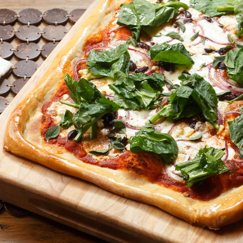 Recipe Greek Pizza with Kalamata Olives, Feta & Pea Tips Blue Apron