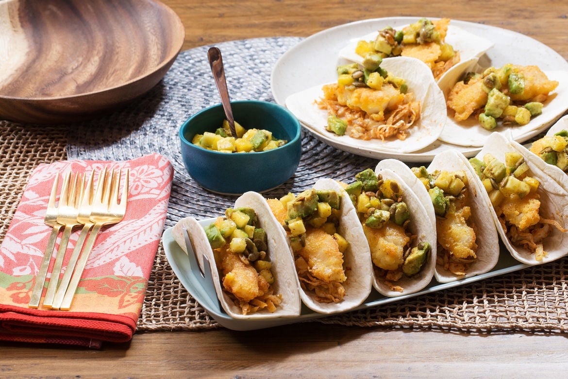 Recipe Crispy Cod & Cabbage Slaw Tacos with Pepita, Pineapple