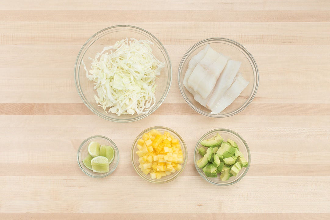 Recipe Crispy Cod & Cabbage Slaw Tacos with Pepita, Pineapple