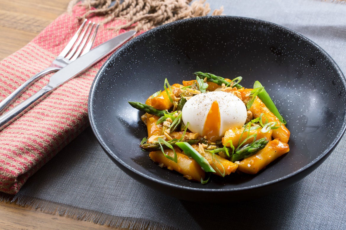 Recipe Spicy Vegetable Tteokbokki with Asparagus, SoftBoiled Eggs