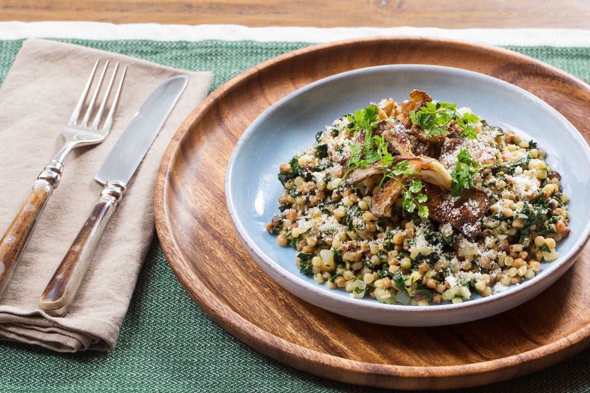 Recipe Spring Fregola Sarda Pasta with Crispy Oyster Mushrooms