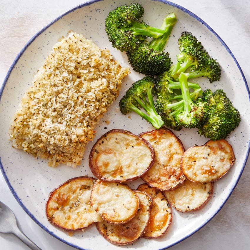 Recipe Grana Padano Panko Crusted Cod With Roasted Potatoes Lemon Dressed Broccoli Blue Apron