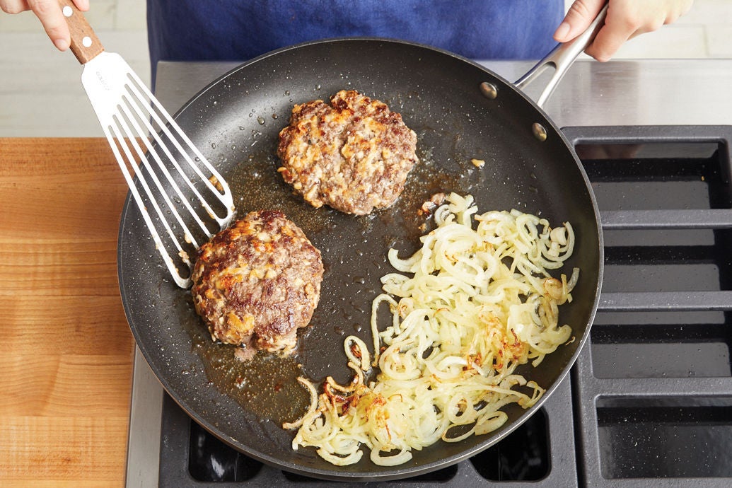 Cook the patties & caramelize the onion: