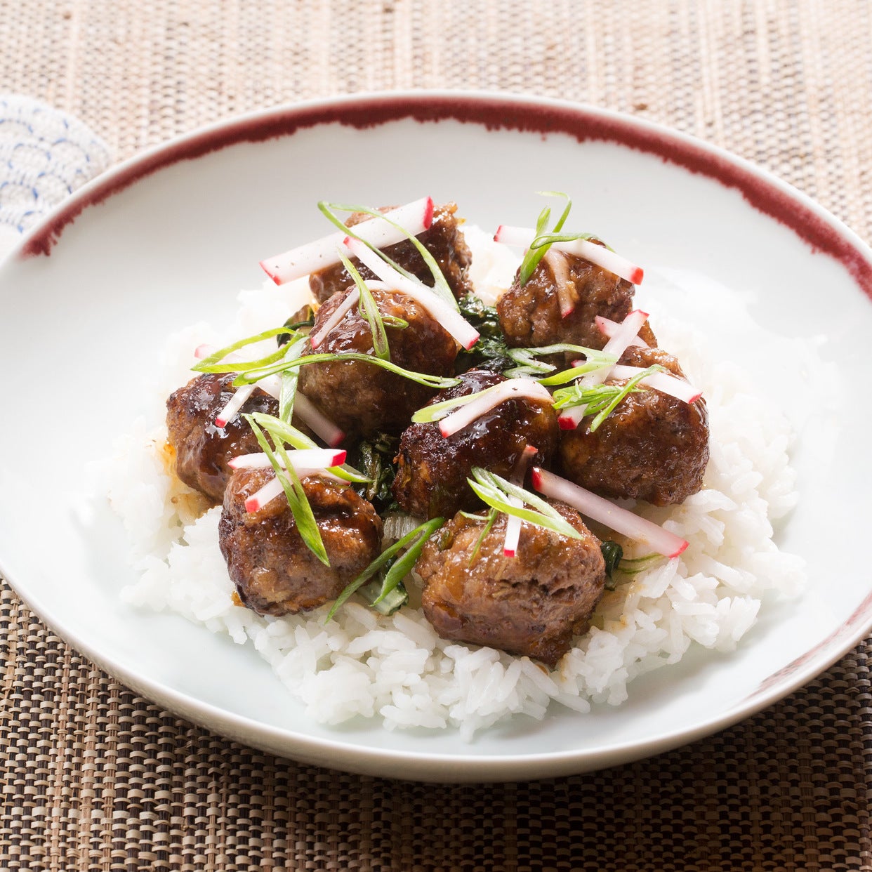Recipe SoyGlazed Meatballs with Swiss Chard, Jasmine Rice & Marinated