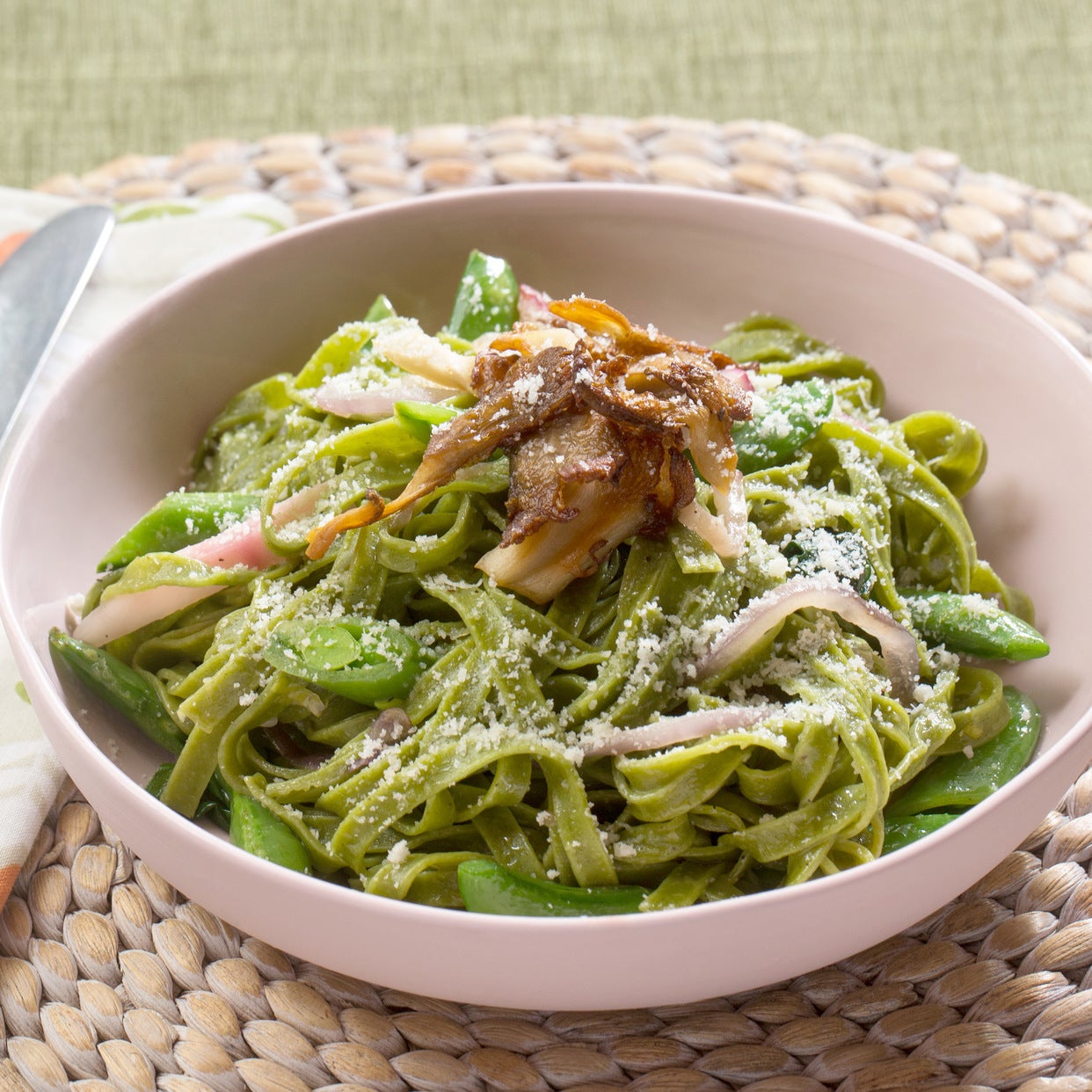 Recipe Fresh Spinach Linguine with Ramps, Sugar Snap Peas & Crispy