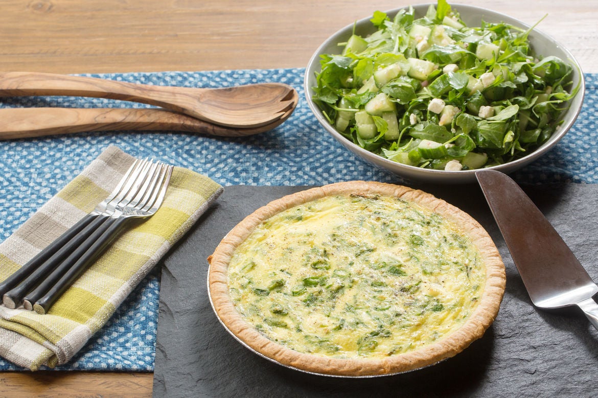 Recipe Sugar Snap Pea & Farmer's Cheese Quiche with Arugula, Feta