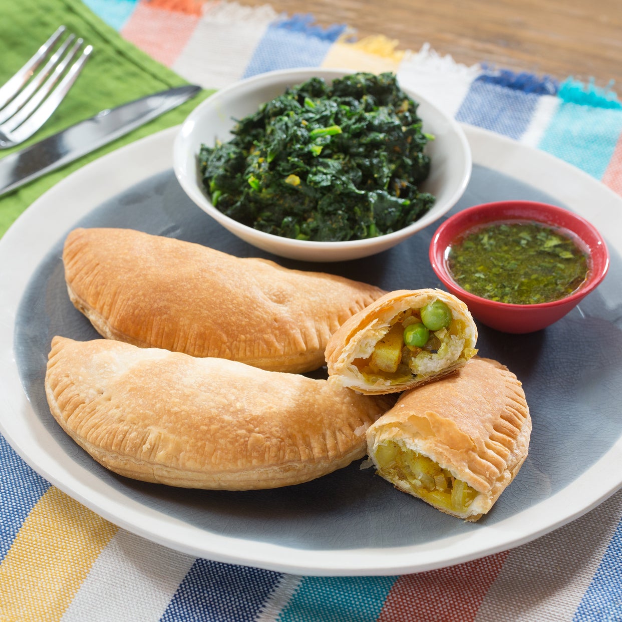 Recipe Potato & English Pea Samosas with Saag & Cilantro Chutney