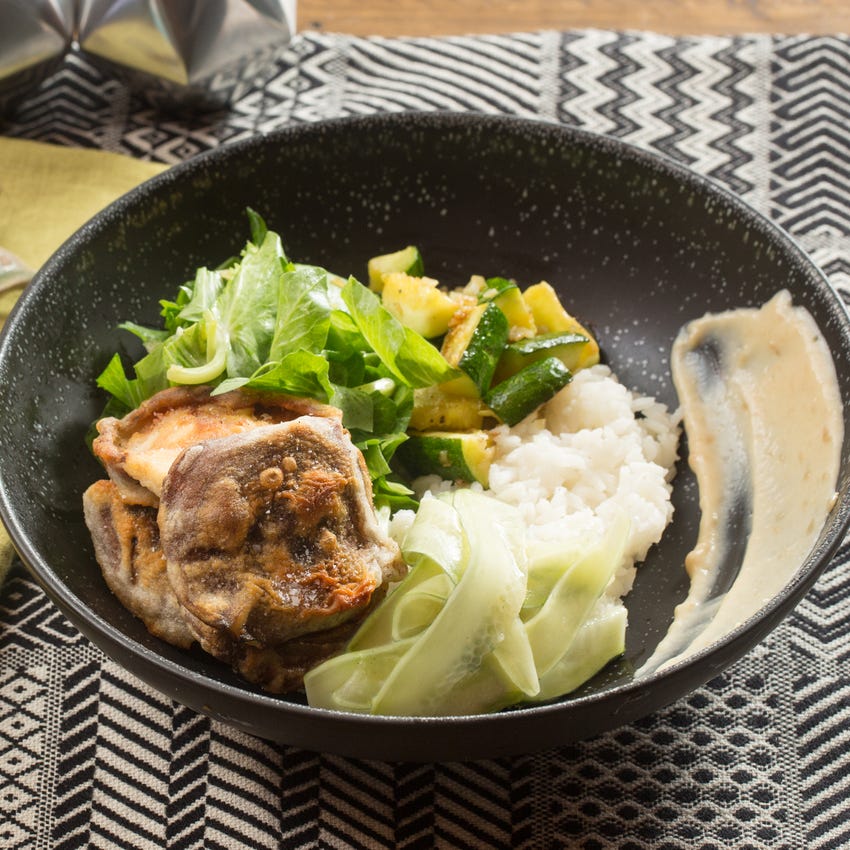Recipe Japanese Rice Bowl & Mushroom Tempura with Zucchini & Marinated