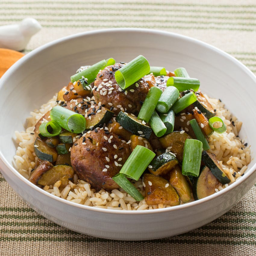 Recipe Spicy Hoisin Turkey Meatballs with Sautéed Zucchini & Brown