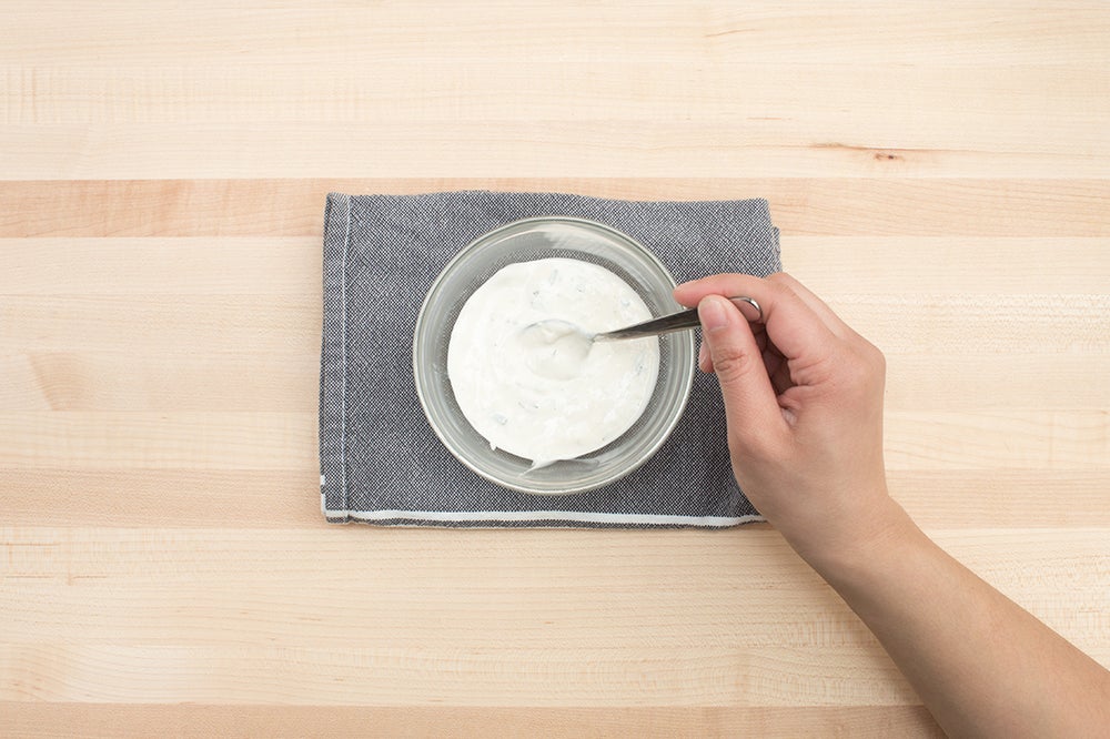 Recipe Seared Steak & Spiced Potato with Sautéed Sugar Snap Peas & TarragonLabneh Sauce Blue