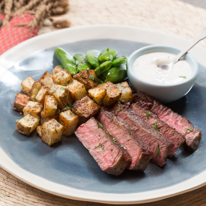 Recipe Seared Steak & Spiced Potato with Sautéed Sugar Snap Peas & TarragonLabneh Sauce Blue
