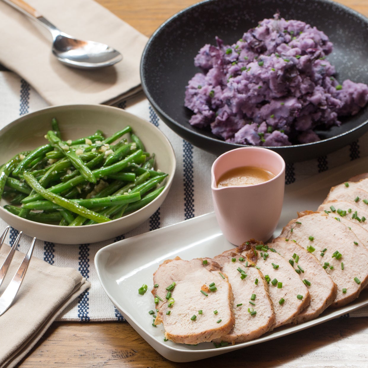 Recipe Roast Pork & Pan Sauce with Mashed Purple Potatoes & Sautéed