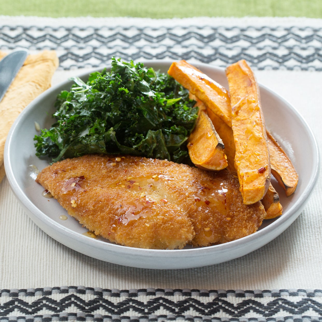 Recipe Fried Chicken & Kale Slaw with Roasted Sweet Potato Wedges