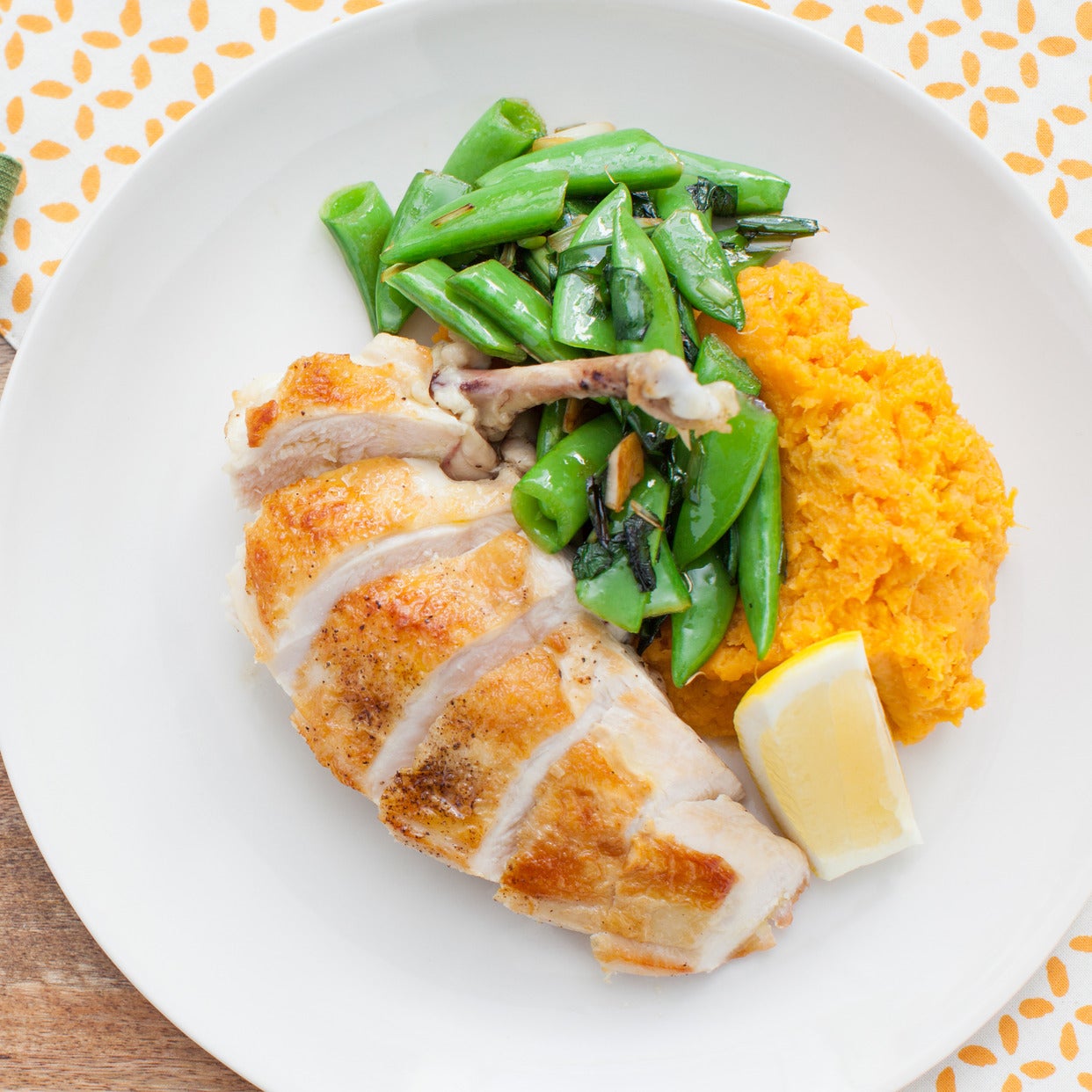 Recipe Chicken Supremes with Sautéed Ramps, Sugar Snap Peas and Mashed