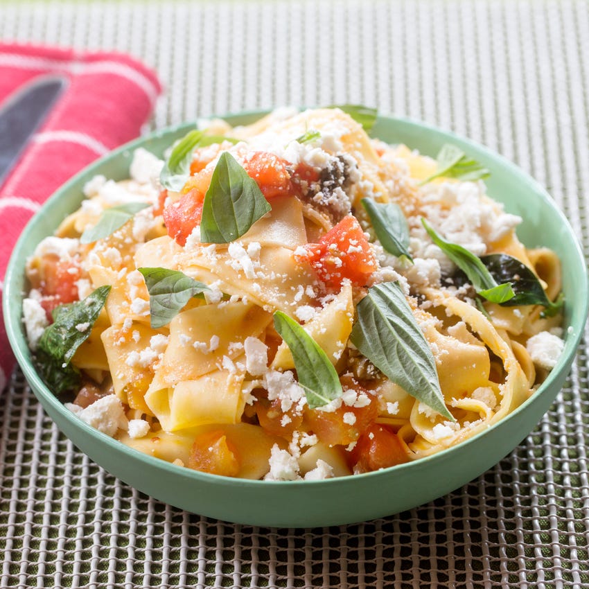 Recipe Fresh Pappardelle Pasta with Summer TomatoOlive Ragù & Ricotta