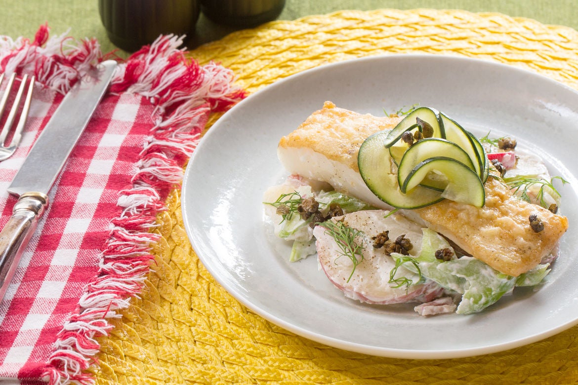Recipe Seared Cod & Potato Salad with Radishes, Crispy Capers