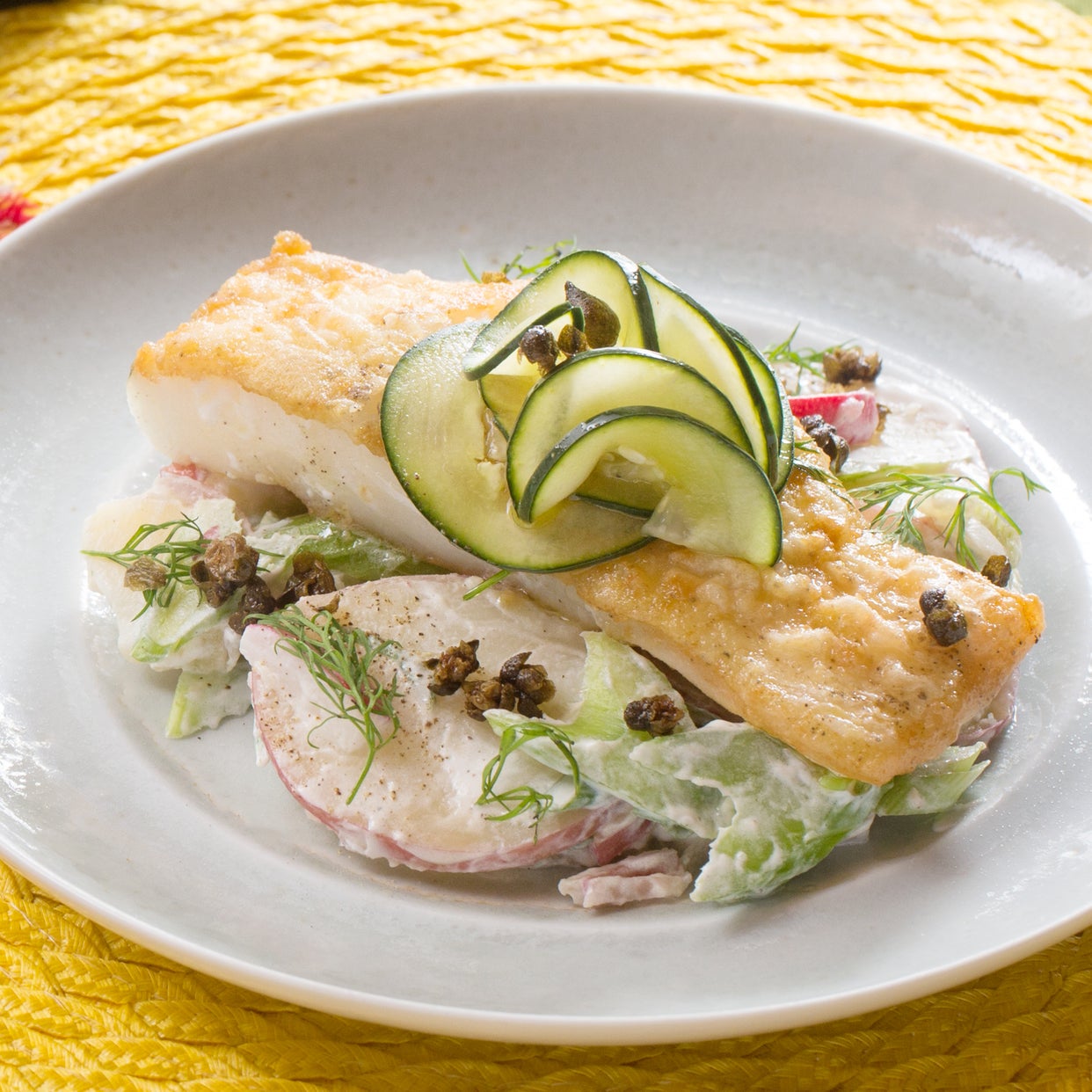 Recipe Seared Cod & Potato Salad with Radishes, Crispy Capers