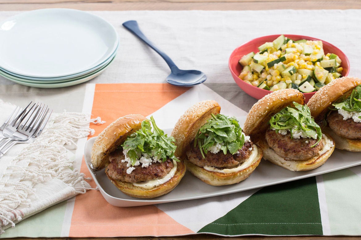 Recipe Spiced Pork Burgers with Goat Cheese & CucumberCorn Salad