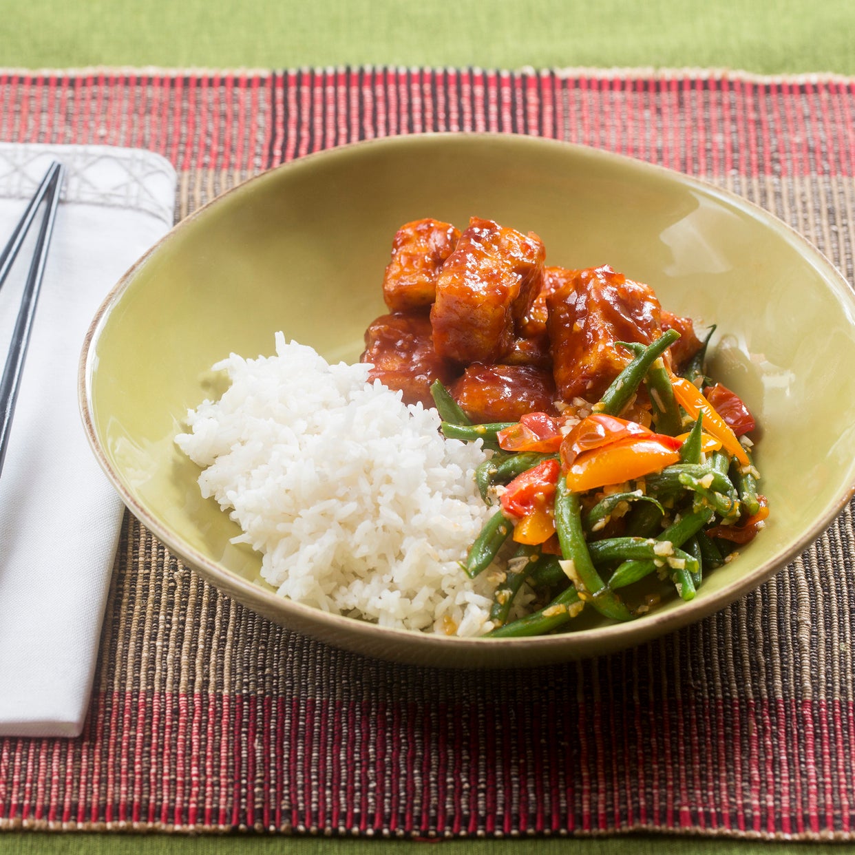 Recipe Spicy Sweet & Sour Tofu with Sesame Green Beans & Cherry