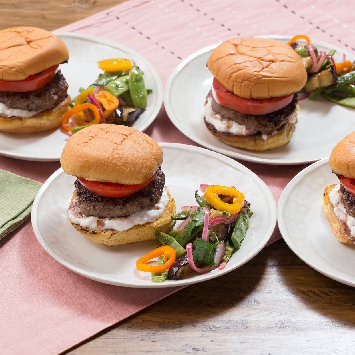 Recipe Lamb & Beef Feta Burgers with Romano Bean, Eggplant & Summer