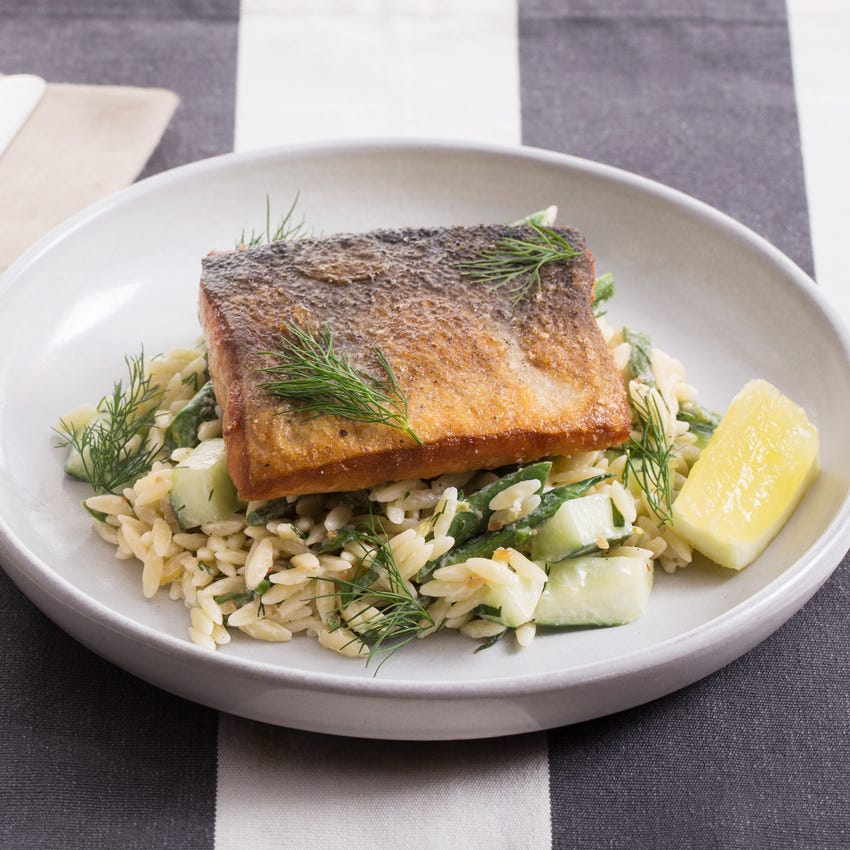 Recipe Crispy Salmon with Orzo, Green Bean & Cucumber Salad Blue Apron