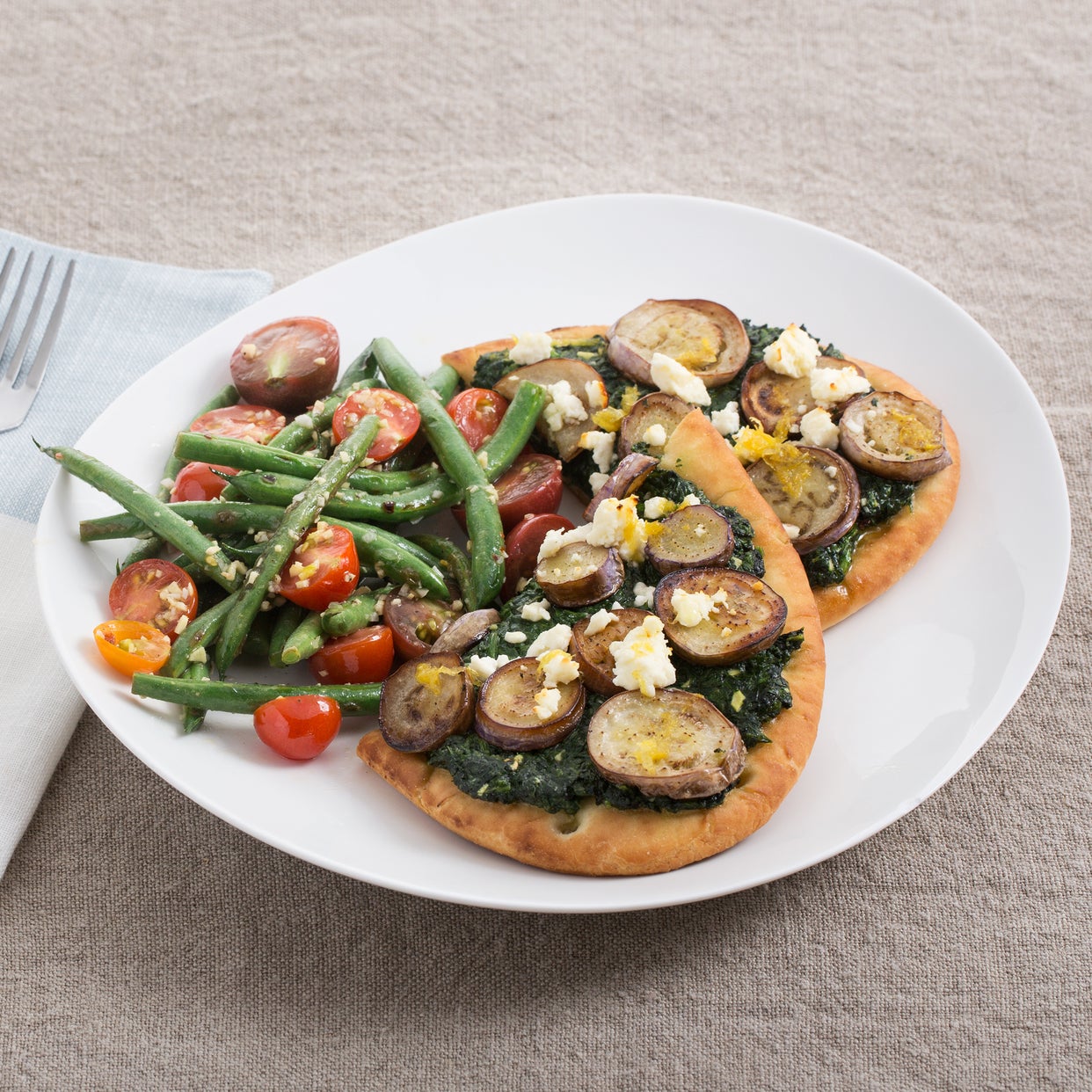 Recipe Fairy Tale Eggplant & Spinach Flatbreads with Warm Green Bean