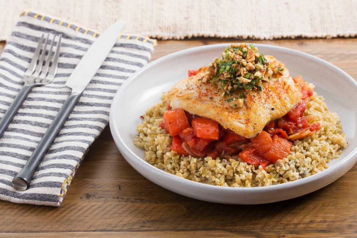 Recipe BasqueStyle Cod with Sweet PepperTomato Sauce & Freekeh