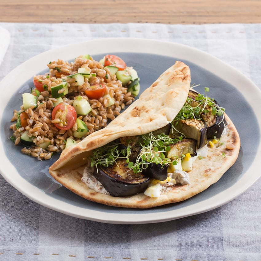 Recipe Roasted Eggplant Pitas with Tomato, Cucumber & Farro Salad