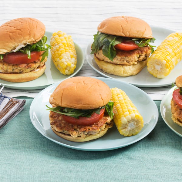 Recipe LemonDill Salmon Burgers with Buttered Corn on the Cob Blue