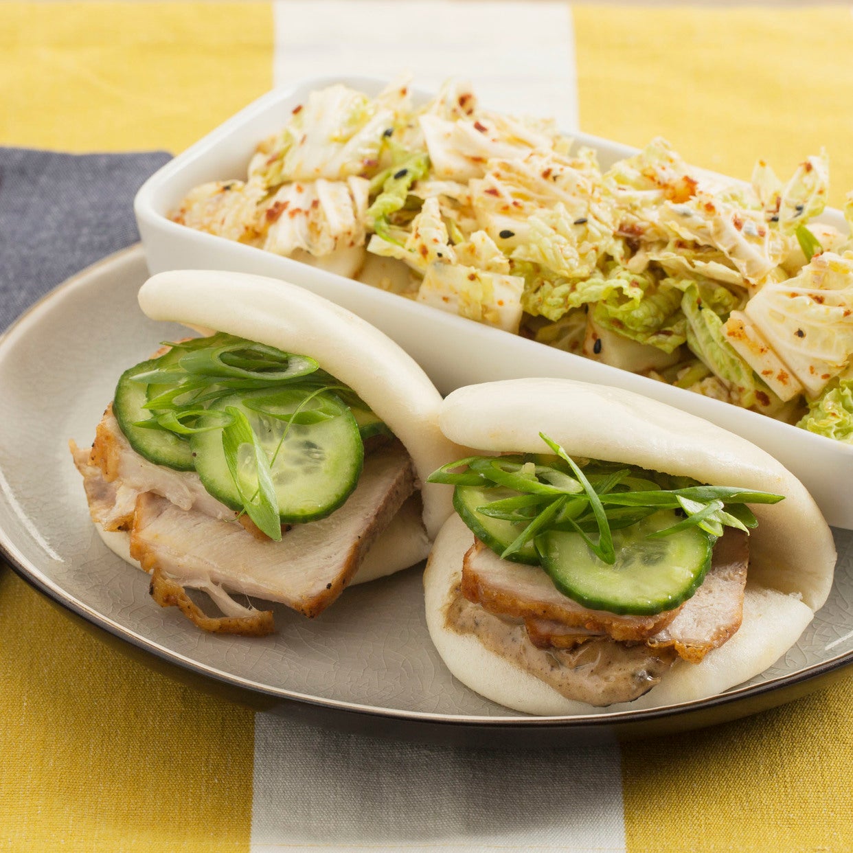 Recipe Roasted Pork Steam Buns with Black Garlic Mayonnaise & Spicy Cabbage Slaw Blue Apron
