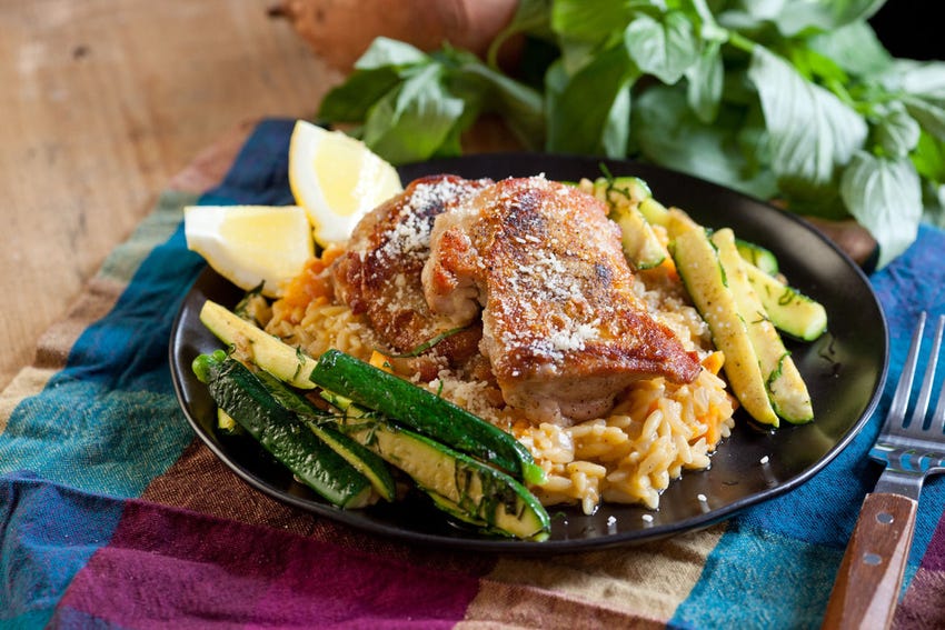 Recipe Chicken Thighs With Sweet Potato Orzo Risotto Zucchini Blue Apron Published:10 aug '16updated:13 nov '20. chicken thighs with sweet potato orzo risotto zucchini