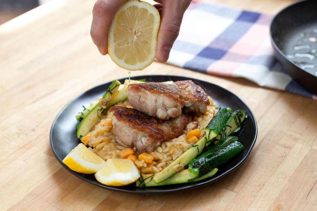 Recipe Chicken Thighs with Sweet Potato Orzo Risotto & Zucchini Blue