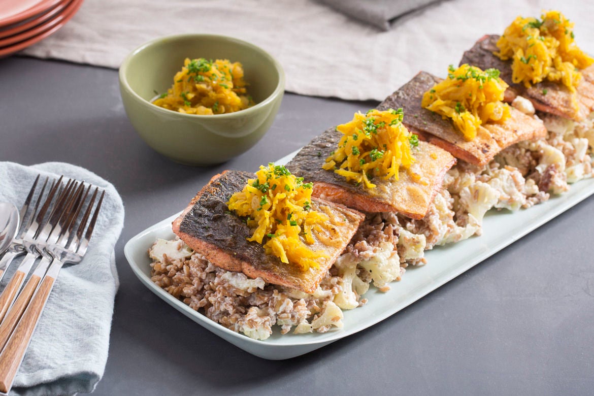Recipe PastramiSpiced Salmon with Pickled Beet Relish & Cauliflower