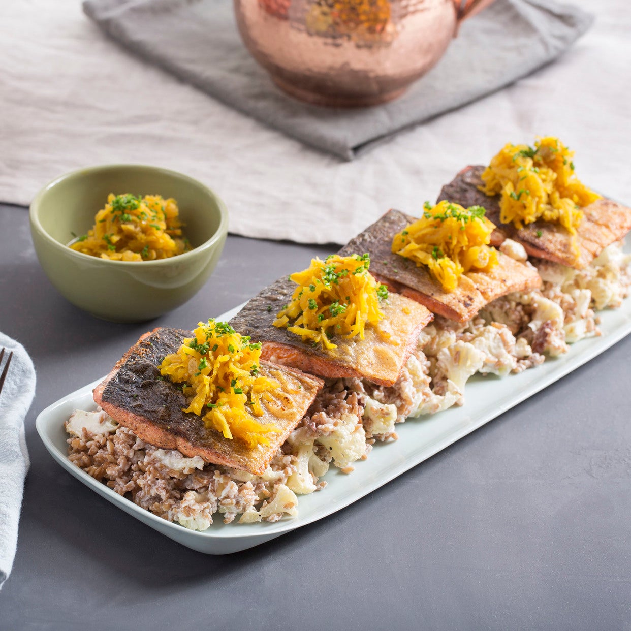 Recipe PastramiSpiced Salmon with Pickled Beet Relish & Cauliflower