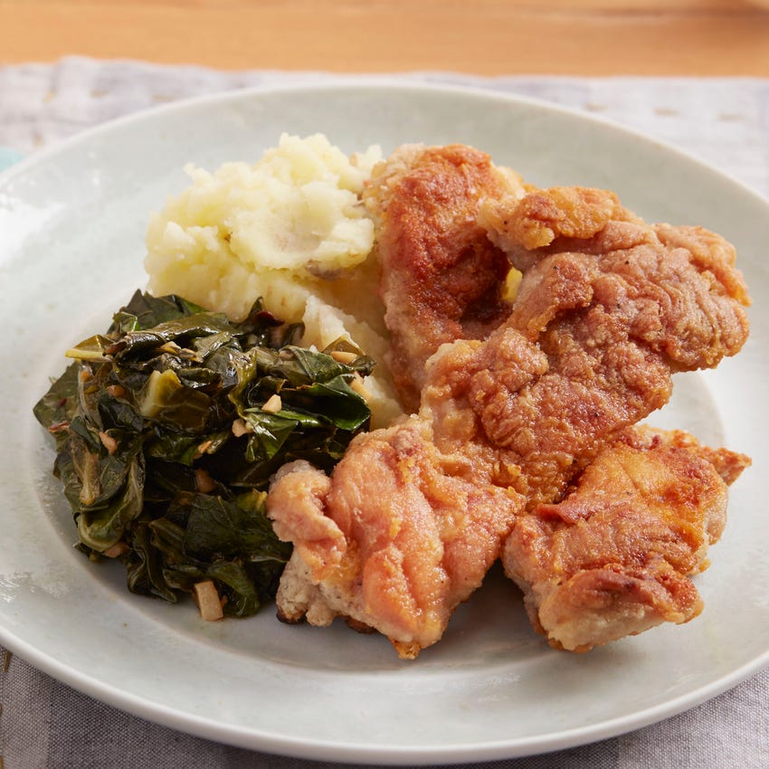 Recipe Crispy Chicken with Mashed Potato & Spicy Collard Greens Blue