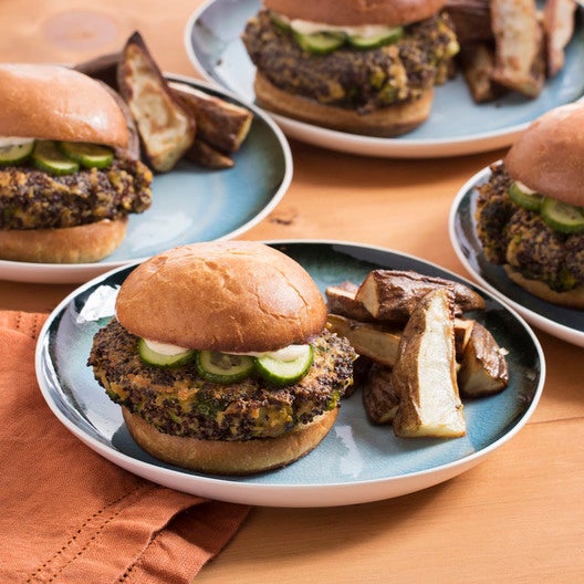 Recipe Quinoa & Broccoli Burgers with Quick Pickles & Roasted Potato