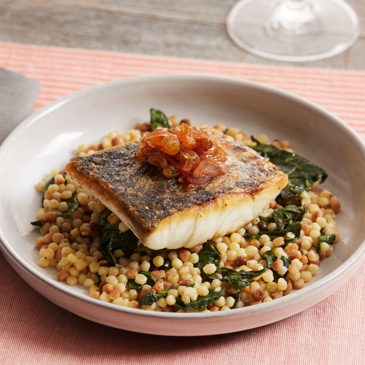 Recipe Seared Barramundi with Collard Greens, Fregola Sarda & Shallot
