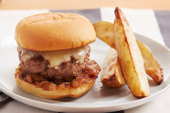 Balsamic-Glazed Onion Cheeseburgers with Roasted Potato Wedges-image