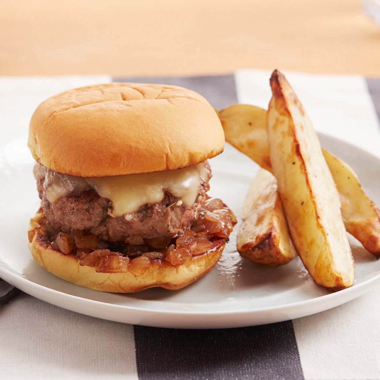 Recipe BalsamicGlazed Onion Cheeseburgers with Roasted Potato Wedges