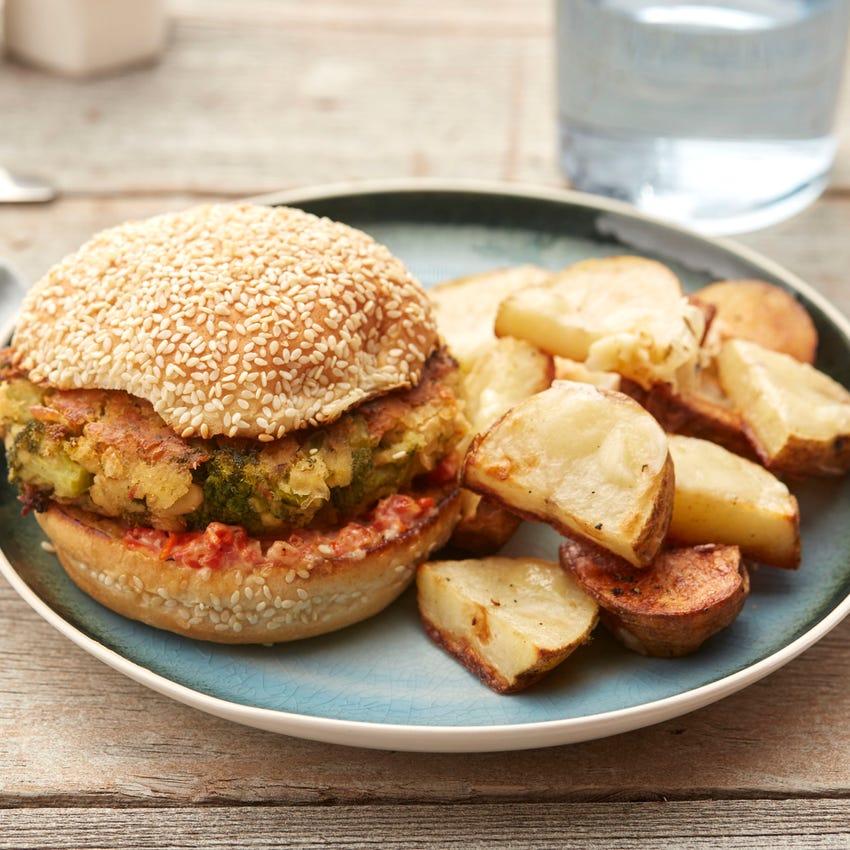 Recipe Broccoli & White Bean Burgers with Cheesy Roasted Potato Blue